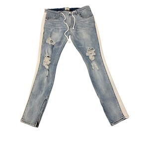 KDNK Mens Distressed Skinny Jeans Light Wash White Side Stripe Ankle Zip Size 36